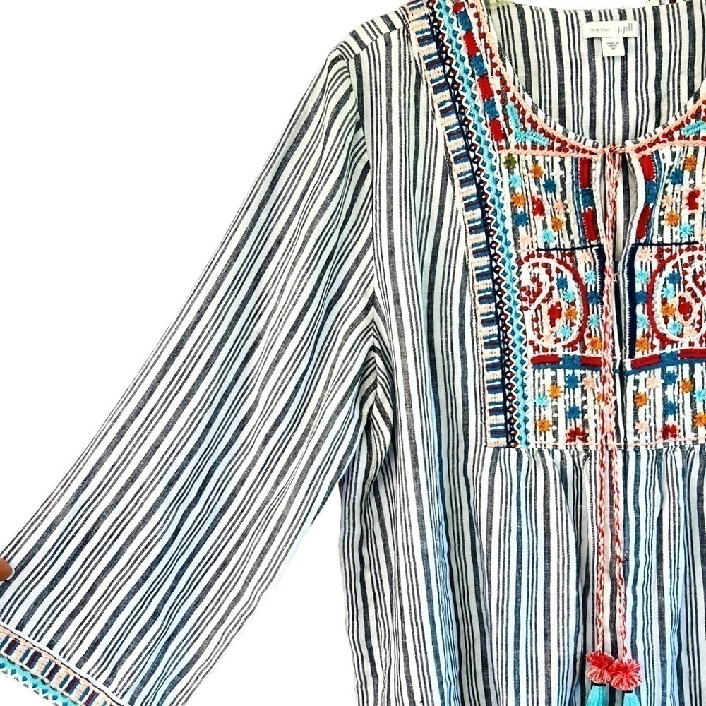 J.Jill Love Linen Boho Striped Embroidered Peasant Top with Tassels 3/4 Sleeve M - Picture 5 of 16